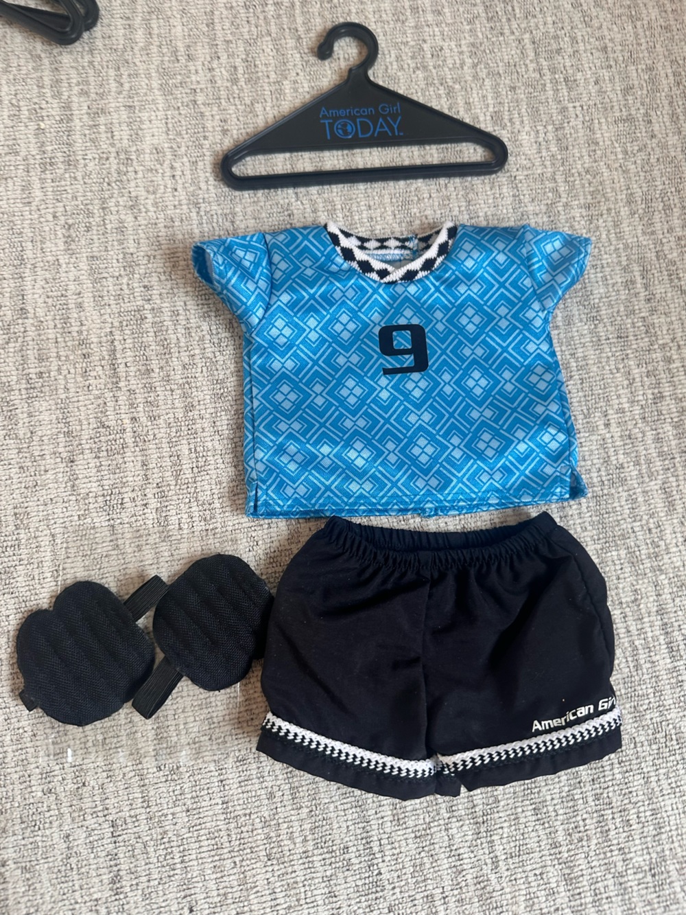 American Girl Blue Geometric Soccer Outfit with Black Shorts & Shinguards